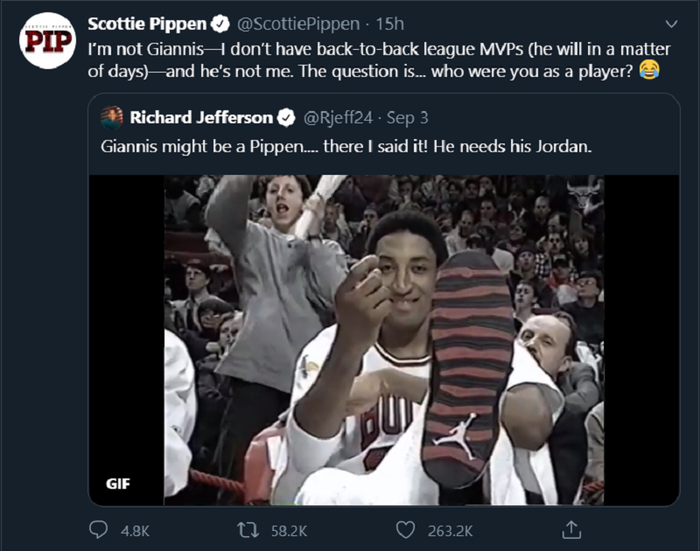 Huyền thoại Scottie Pippen hài hước đáp trả khi bị cựu cầu thủ NBA lôi ra làm ví dụ cho Giannis Antetokounmpo - Ảnh 2.