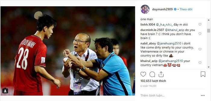 Instagram của Mạnh gắt bị CĐV Malaysia tấn công - Ảnh 1.