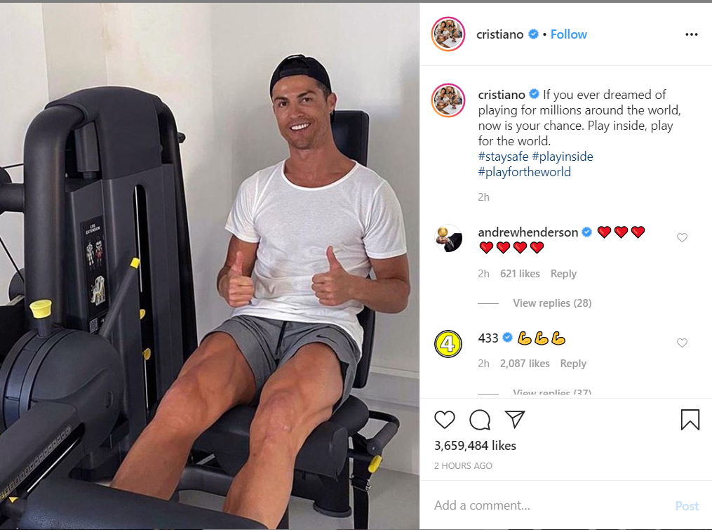 Giữa đại dịch Covid-19, Ronaldo truyền đi thông điệp ý nghĩa nhận về hàng triệu lượt thả tim: Vì cả thế giới, các bạn hãy ở nhà - Ảnh 1.