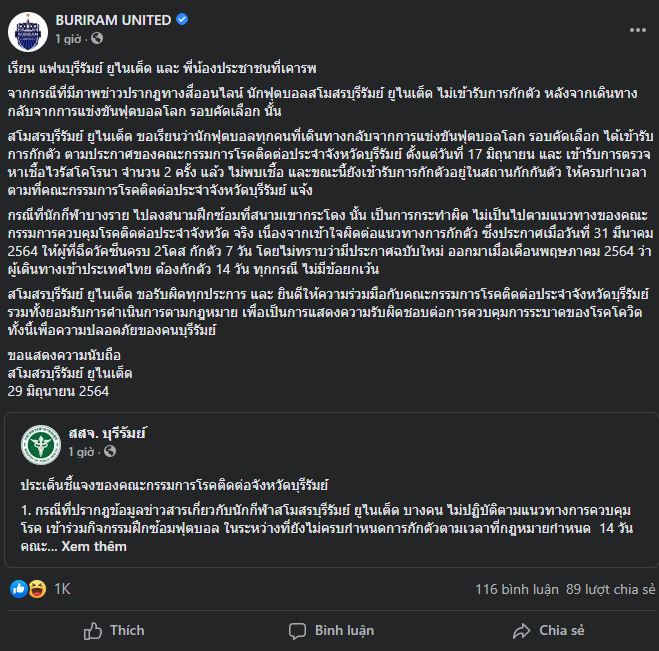 CLB Buriram United cho biết đây chỉ là nhầm lẫn về quy định cách ly của cầu thủ ĐTQG Thái Lan khi bỏ cách ly - Ảnh 1.