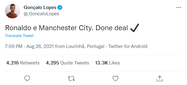 Tweet của nhà báo Goncalo Lopes về thương vụ Ronaldo