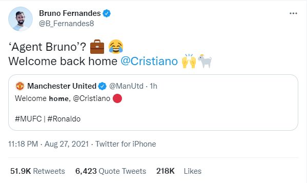 Mở đầu là Bruno Fernandes khi anh nhận luôn là &quot;Người đại diện&quot; mang Ronaldo trở về nhà