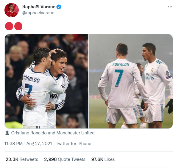 Raphael Varane lập tức gợi lại những khoảnh khắc của anh và Ronaldo trong màu áo Real Madrid.