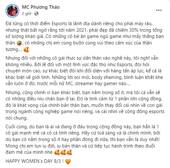 Nhân ngày 8/3, MC Phương Thảo có lời nhắn nhủ ý nghĩa tới những cô gái theo đuổi Esports - Ảnh 1.