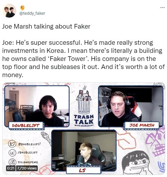 LoL】T1 Joe Marsh（T1のCEO）「Fakerが求めているのはお金ではなく、最高の競技環境と勝利。経済的には既に成功していて、Fakerタワーというビルも所有している」