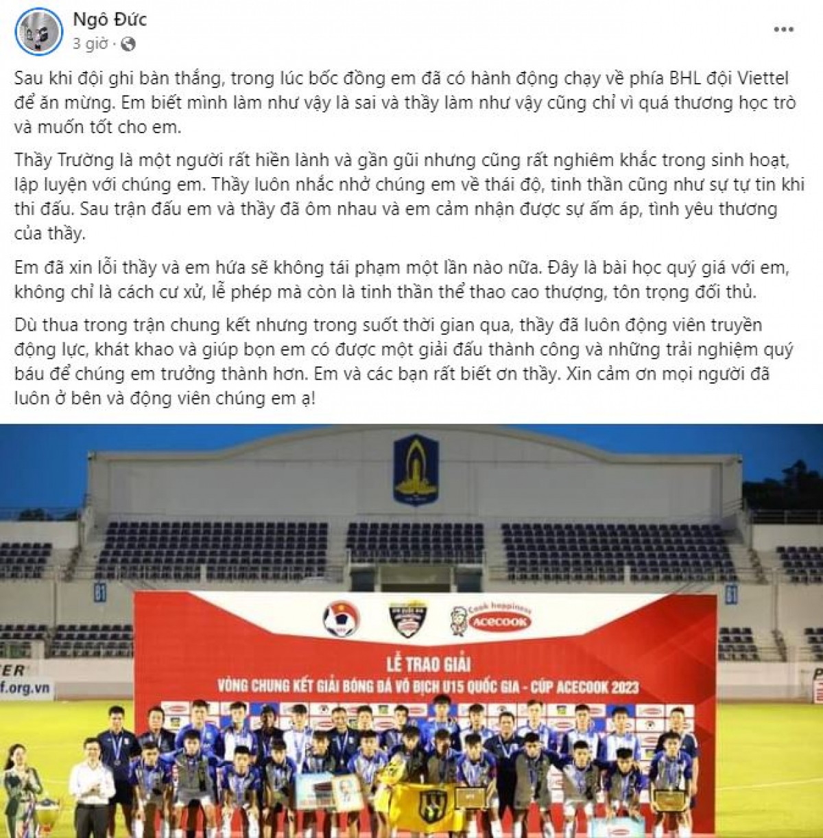 Cầu thủ U15 SLNA viết tâm thư xin lỗi HLV Ngô Quang Trường - Ảnh 2.