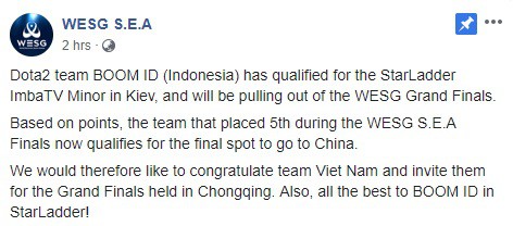 Đội Dota 2 Việt Nam bất ngờ giành quyền đại diện cho Đông Nam Á tham dự WESG 2018 - Ảnh 1.
