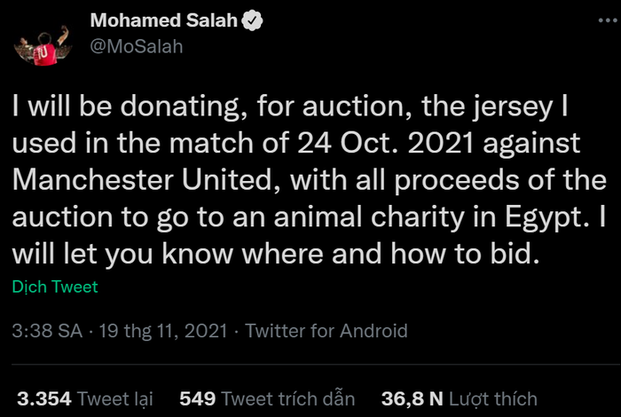 Bảo vệ động vật, Salah bán đấu giá áo đấu từng mặc trong ngày hủy diệt MU - Ảnh 2.