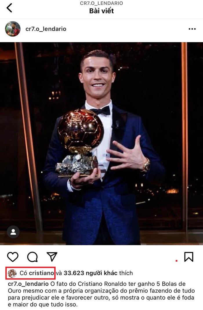 Ronaldo &quot;thả tim&quot; bài viết chê Messi không xứng đáng giành Quả bóng vàng 2021 trên Instagram - Ảnh 3.