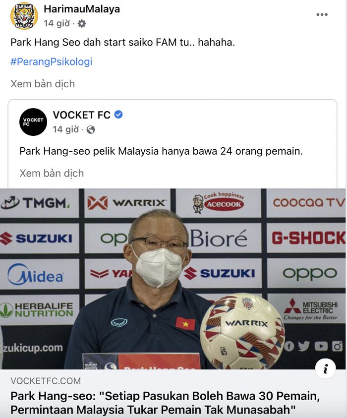 Fanpage lớn nhất của fan Malaysia chỉ biết cười trừ khi HLV Park Hang-seo phản đối việc ĐT Malaysia đòi bổ sung cầu thủ  - Ảnh 1.