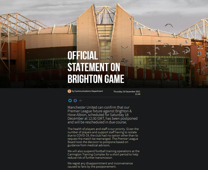 Trận MU - Brighton chính thức hoãn, &quot;Quỷ đỏ&quot; phải đóng cửa trung tâm tập luyện - Ảnh 1.
