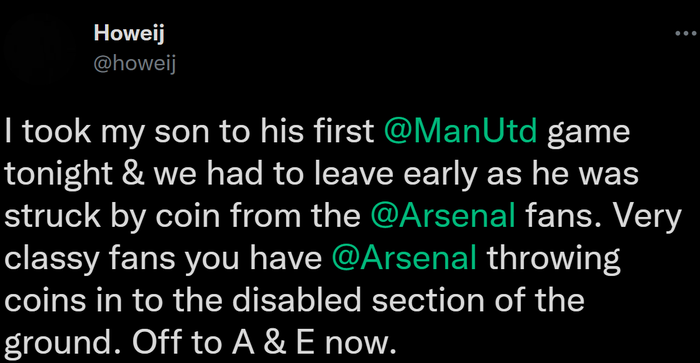 Fan nhí tàn tật của MU nhập viện vì bị CĐV Arsenal ném đồng xu vào đầu - Ảnh 2.
