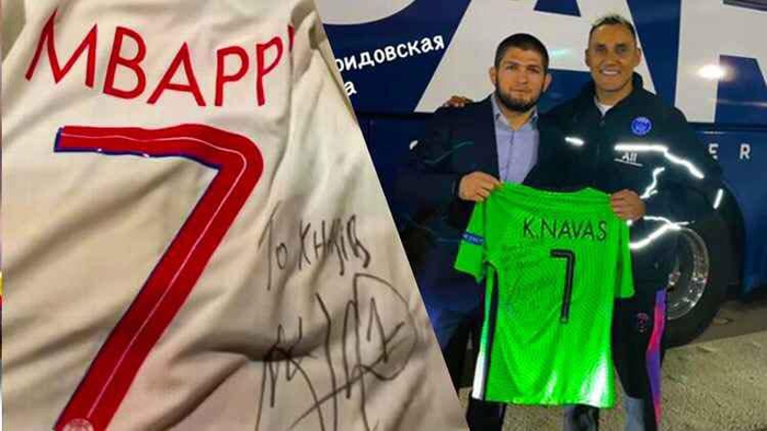 Nhà vô địch Khabib nhận món quà đặc biệt từ siêu sao Kylian Mbappe khi tới dự khán trận đấu tại Champions League - Ảnh 1.