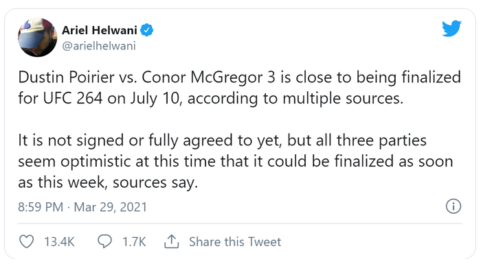 Ariel Helwani xác nhận kèo Poirier vs McGregor 3 có thể chốt xong ngay trong tuần này.