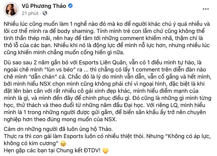 Nữ MC xinh đẹp của Liên Quân Mobile Việt Nam thất vọng vì bị Body Shaming trên MXH - Ảnh 1.
