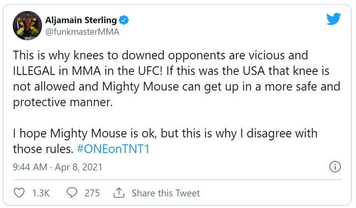 Aljamain Sterling cho rằng ONE nên cấm đòn lên gối vào mặt khi một võ sĩ đang ở tư thế năm