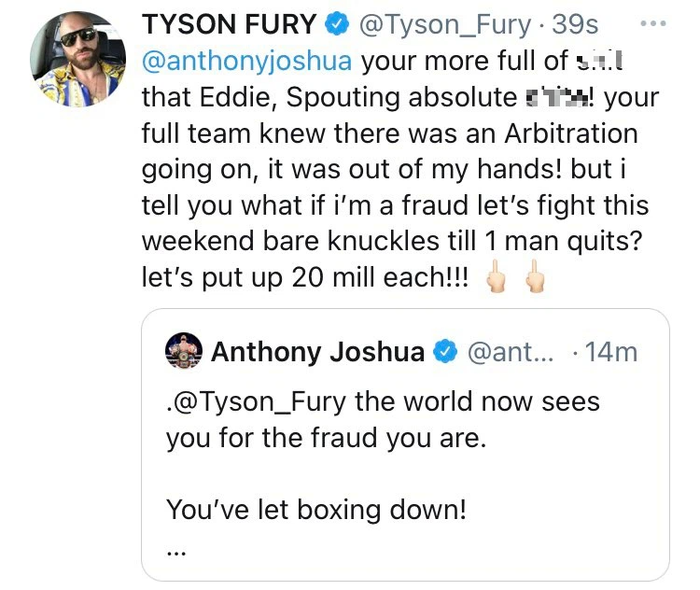 Bị Anthony Joshua chê là &quot;đồ gian lận&quot;, Tyson Fury tức giận đòi đấu một trận sinh tử trị giá 20 triệu bảng - Ảnh 2.