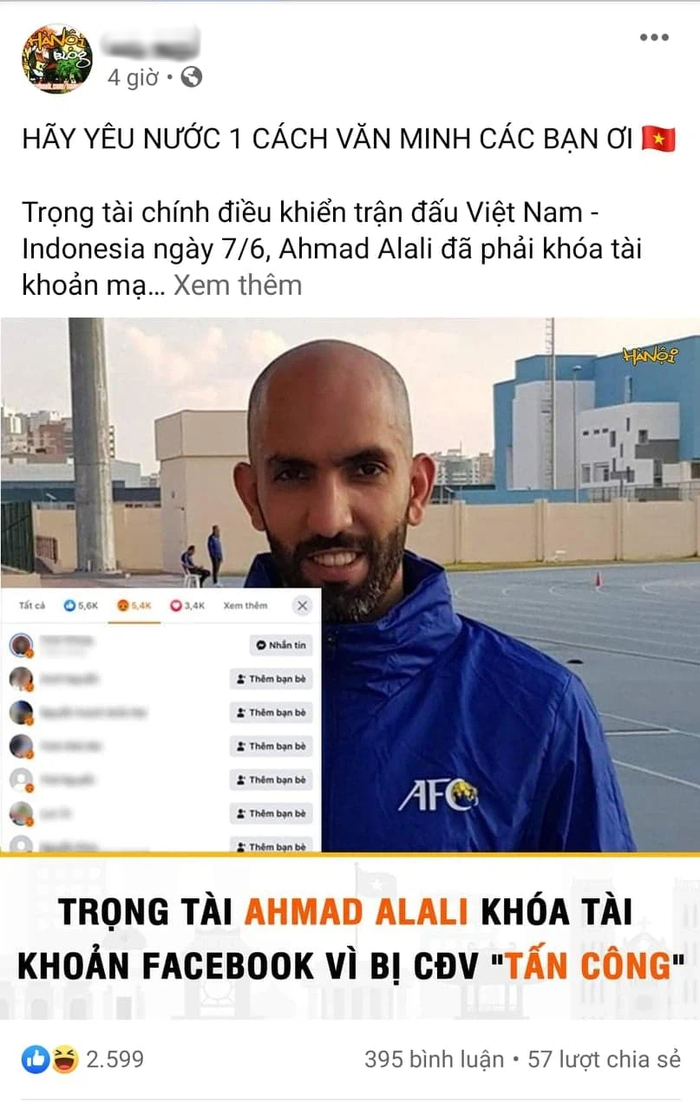 Không có chuyện trọng tài Ahmad Alali khoá Facebook do bị cổ động viên Việt Nam tấn công - Ảnh 2.