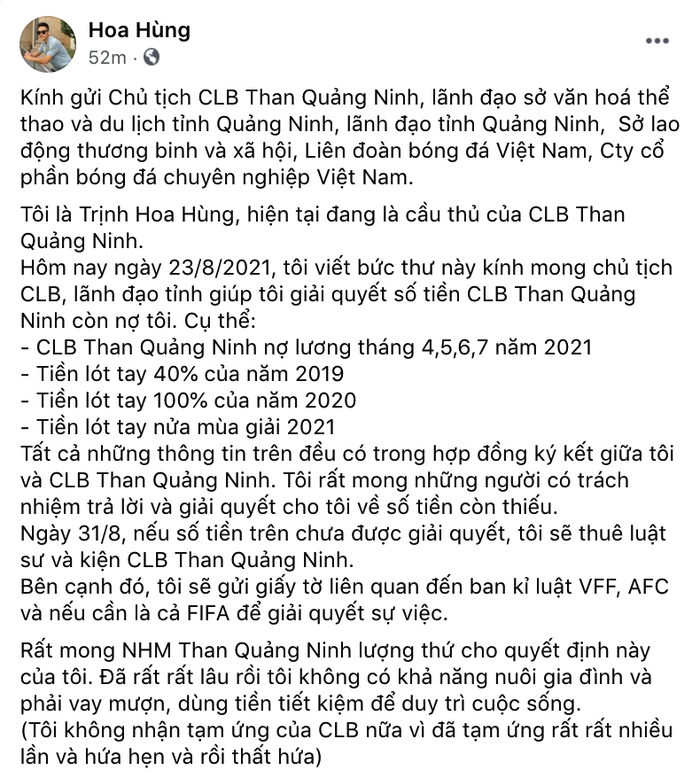 Cầu thủ Than Quảng Ninh tiếp tục đòi kiện CLB vì bị nợ lương - Ảnh 1.