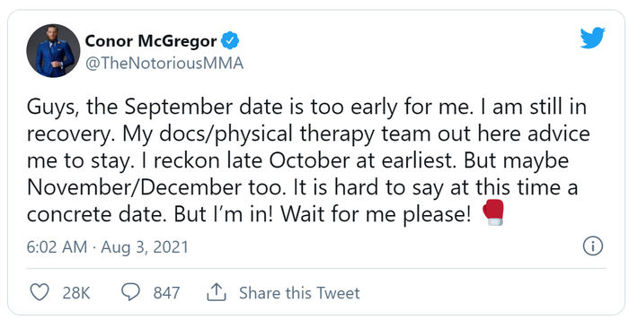 McGregor xác nhận không tham gia trận đấu boxing trên xe lăn vào tháng 9: Tôi vẫn đang trong quá trình hồi phục - Ảnh 2.