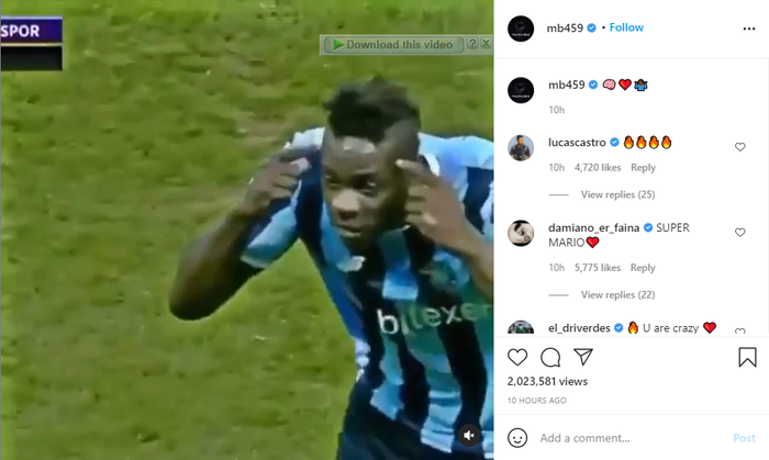 Balotelli đăng video ghi bàn gõ hòa lên Instagram cá nhân