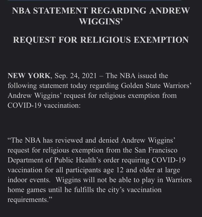 Bộ Y tế San Francisco và NBA đưa tối hậu thư cho Andrew Wiggins: Tiêm vắc xin hoặc nghỉ thi đấu - Ảnh 2.