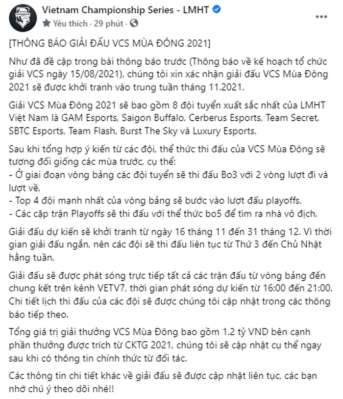 CHÍNH THỨC: VCS mùa Đông 2021 khởi tranh vào tháng 11 với số tiền thưởng lớn nhất lịch sử LMHT Việt Nam - Ảnh 1.