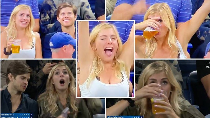 Fan nữ xinh đẹp bất ngờ tạo viral nhờ màn uống bia &quot;trăm phần trăm&quot; trong một nốt nhạc ở US Open - Ảnh 2.