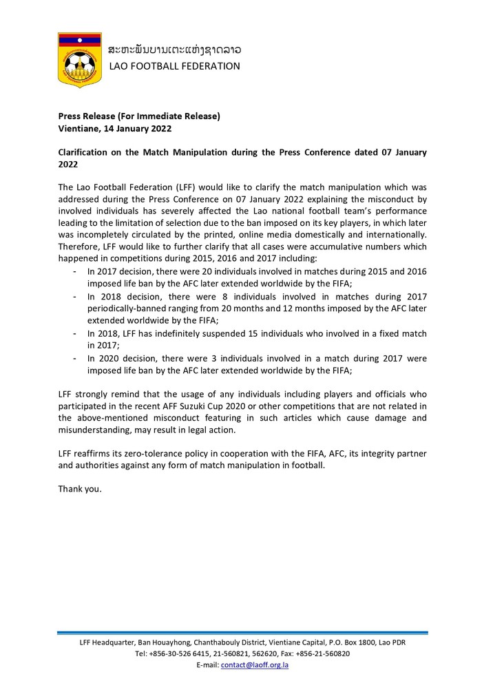 LĐBĐ Lào đính chính thông tin 45 cầu thủ bị FIFA cấm vĩnh viễn - Ảnh 1.