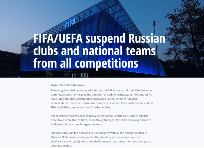 CHÍNH THỨC: FIFA, UEFA cấm đội tuyển Nga và tất cả CLB tham dự mọi giải đấu quốc tế - Ảnh 1.