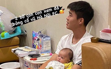 Hình ảnh đáng yêu: Duy Mạnh vừa bế con vừa cổ vũ Hà Nội FC, bé Ú nhoẻn miệng cười trong vòng tay bố